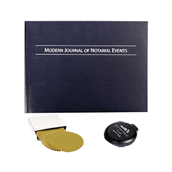 notary notebook, stamp pad, and gold foil seals